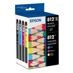 Epson 812XL Black/812 DuraBrite Cyan; Magenta; Yellow Ultra High-Yield/Standard Yield Ink Cartridges, Pack Of 4, T812XL-BCS