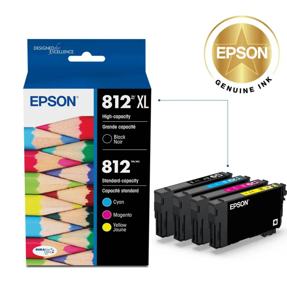 Epson 812XL Black/812 DuraBrite Cyan; Magenta; Yellow Ultra High-Yield/Standard Yield Ink Cartridges, Pack Of 4, T812XL-BCS