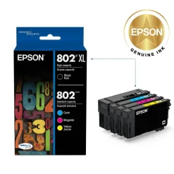 Epson 802XL Black/802 DuraBrite Cyan; Magenta; Yellow High-Yield Ink Cartridges, Pack Of 4, T802XL-BCS
