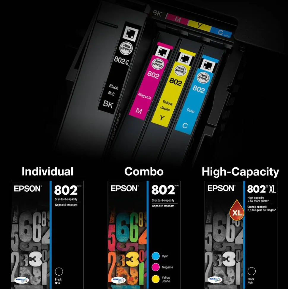 Epson 802XL Black/802 DuraBrite Cyan; Magenta; Yellow High-Yield Ink Cartridges, Pack Of 4, T802XL-BCS