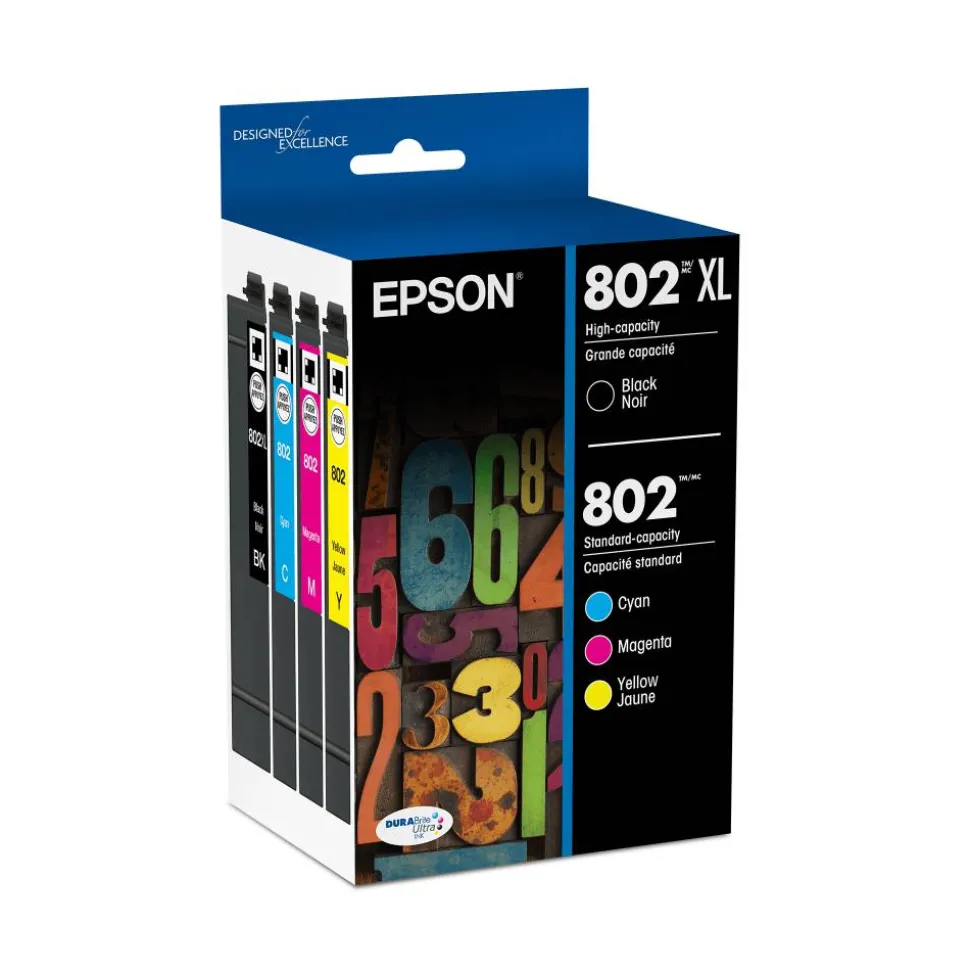 Epson 802XL Black/802 DuraBrite Cyan; Magenta; Yellow High-Yield Ink Cartridges, Pack Of 4, T802XL-BCS
