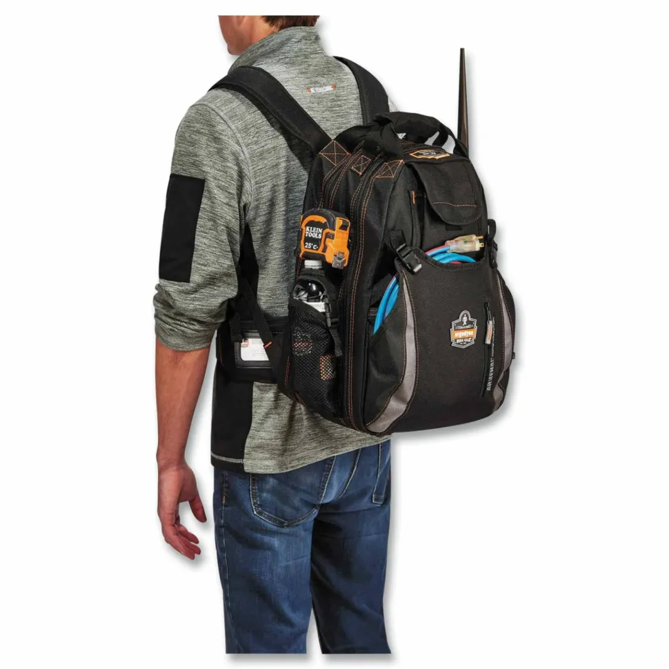 ergodyne Arsenal 5843 Tool Backpack Dual Compartment, 26 Compartments, 8.5 x 13.5 x 18, Ballistic Polyester, Black/Gray