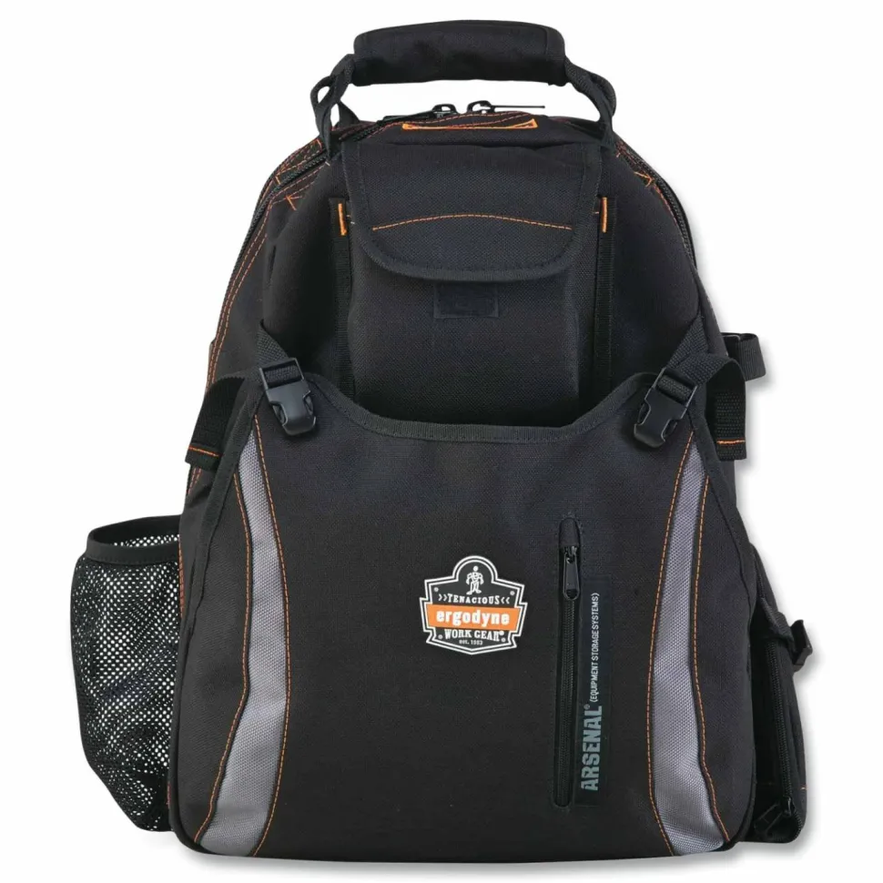 ergodyne Arsenal 5843 Tool Backpack Dual Compartment, 26 Compartments, 8.5 x 13.5 x 18, Ballistic Polyester, Black/Gray
