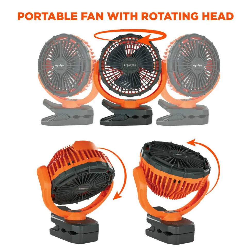 ergodyne Chill-Its 6090 Rechargeable Portable Jobsite Fan, 9.5", 2 Speeds, Orange/Black