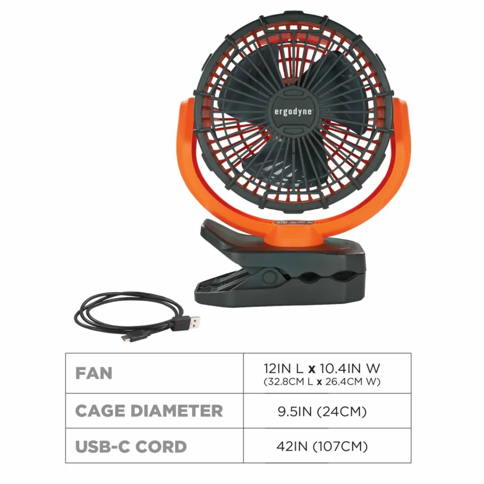 ergodyne Chill-Its 6090 Rechargeable Portable Jobsite Fan, 9.5", 2 Speeds, Orange/Black