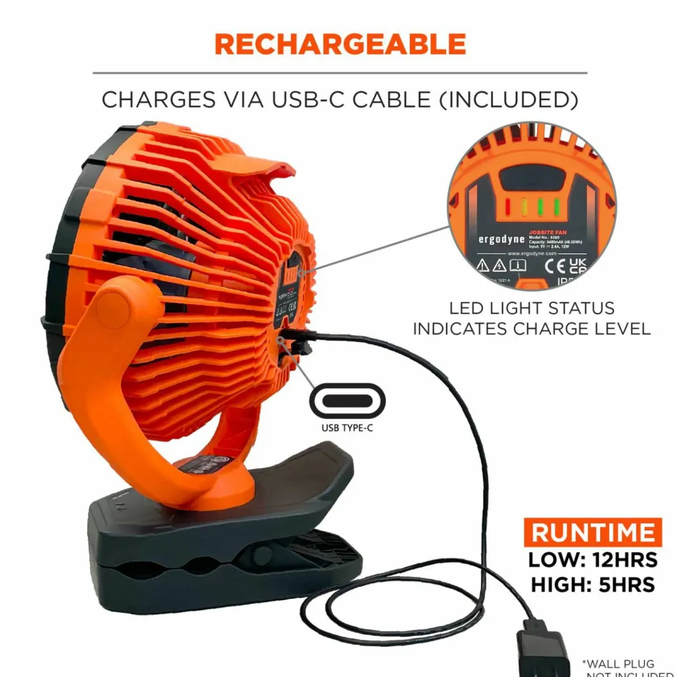 ergodyne Chill-Its 6090 Rechargeable Portable Jobsite Fan, 9.5", 2 Speeds, Orange/Black