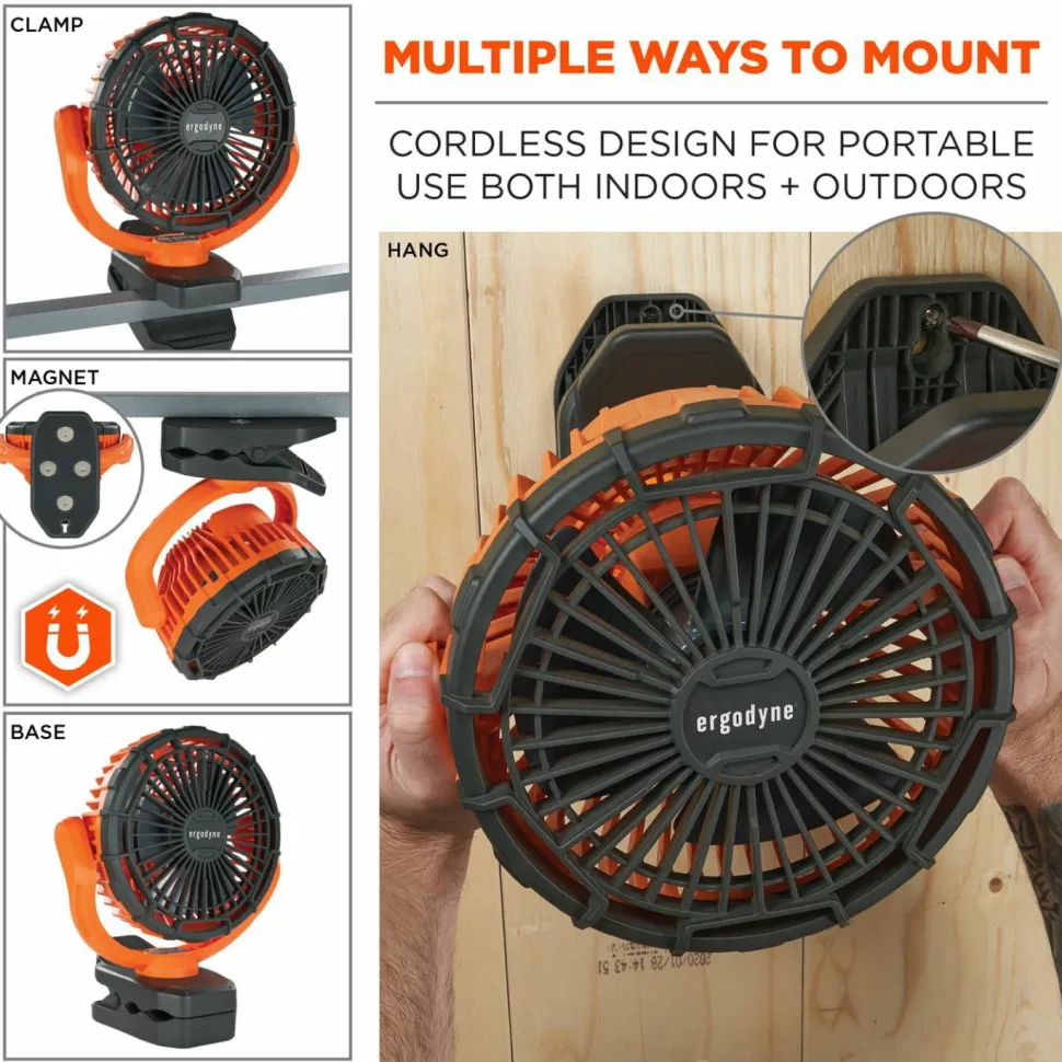 ergodyne Chill-Its 6090 Rechargeable Portable Jobsite Fan, 9.5", 2 Speeds, Orange/Black