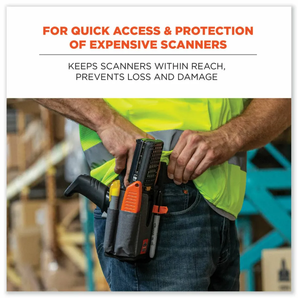 ergodyne Squids 5541 Handheld Barcode Scanner Holster with Belt Clip, Large, 2 Compartments, 2.75 x 3.5 x 8, Polyester,Gray