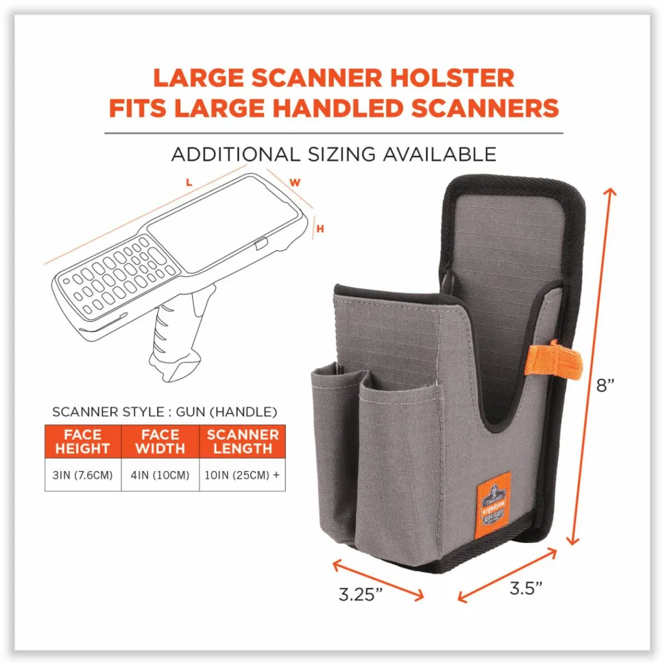 ergodyne Squids 5541 Handheld Barcode Scanner Holster with Belt Clip, Large, 2 Compartments, 2.75 x 3.5 x 8, Polyester,Gray