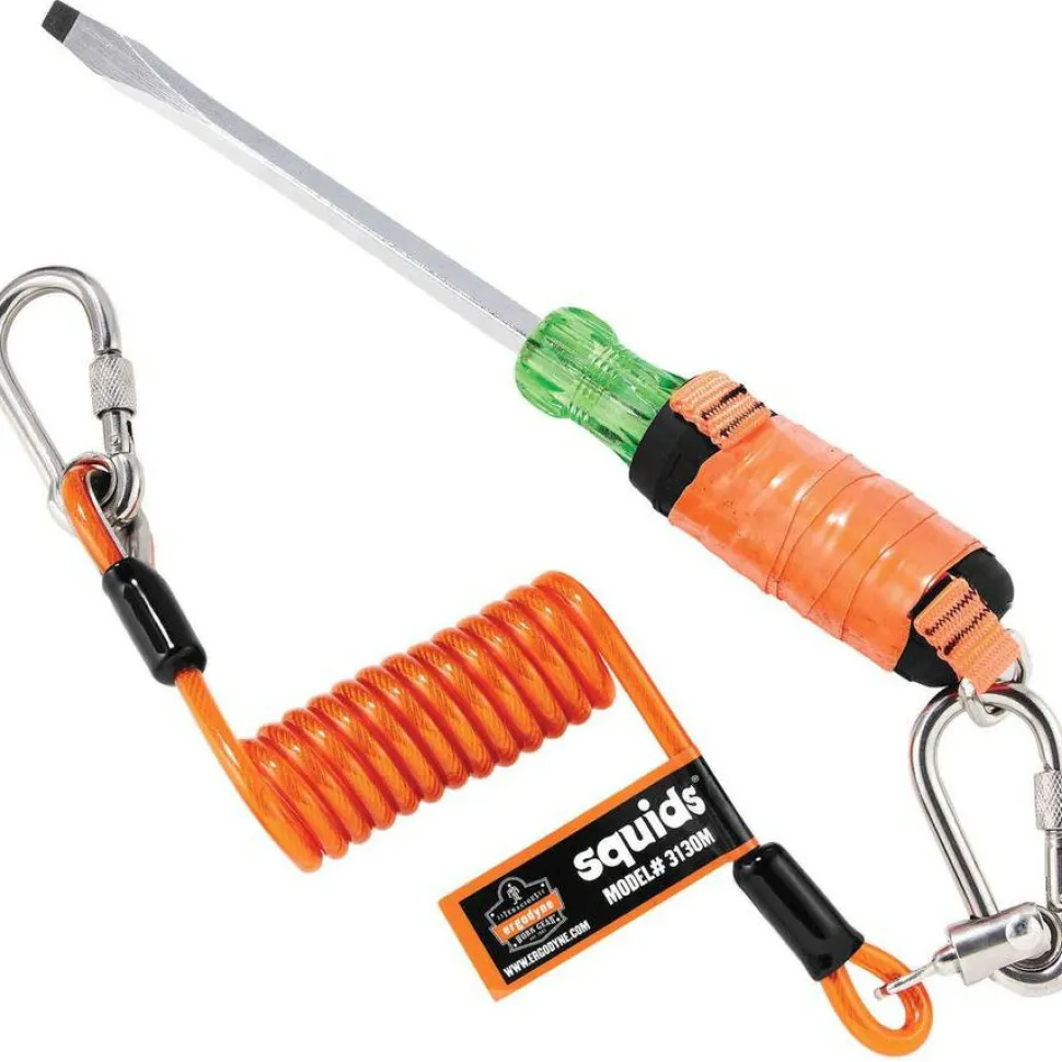 ergodyne Squids 3130M Coiled Cable Lanyard with Carabiners, 5 lb Max Working Capacity, 6.5" to 48" Long, Orange