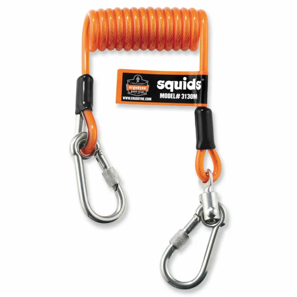 ergodyne Squids 3130M Coiled Cable Lanyard with Carabiners, 5 lb Max Working Capacity, 6.5" to 48" Long, Orange