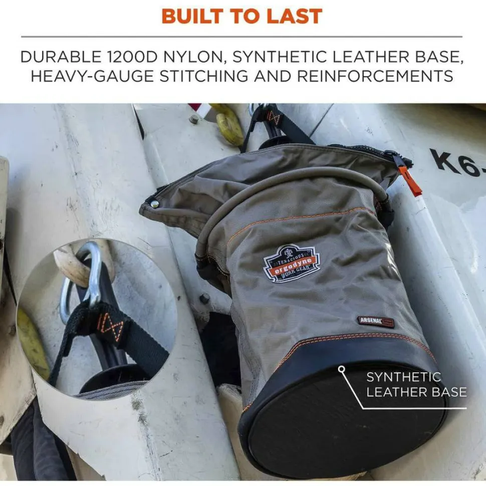 ergodyne Arsenal 5974 Hoist Bucket Tool Bag with Swiveling Carabiner and Zipper Top, 150 lb, Gray