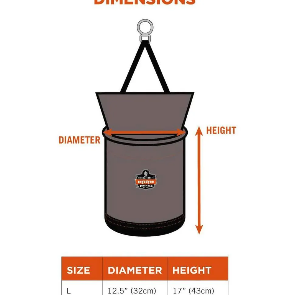 ergodyne Arsenal 5974 Hoist Bucket Tool Bag with Swiveling Carabiner and Zipper Top, 150 lb, Gray