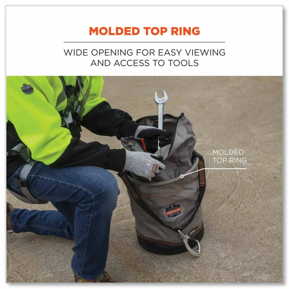 ergodyne Arsenal 5976 XL Hoist Bucket Tool Bag with Swiveling Carabiner and Zipper Top, 150 lb, Gray