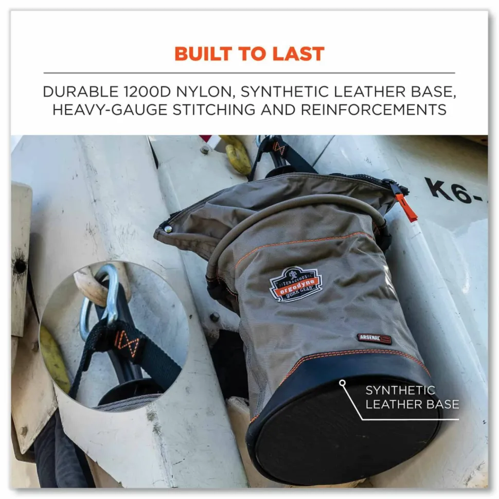 ergodyne Arsenal 5976 XL Hoist Bucket Tool Bag with Swiveling Carabiner and Zipper Top, 150 lb, Gray