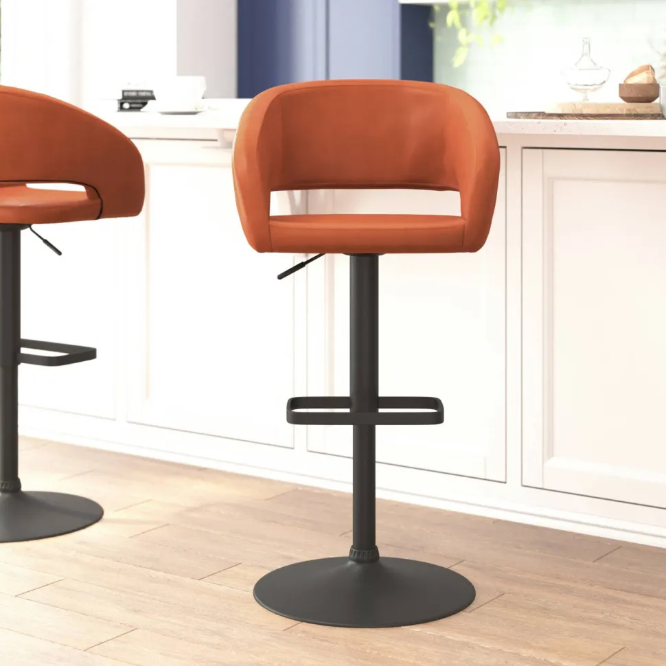 Erik Contemporary Cognac Vinyl Adjustable Height Barstool with Rounded Mid-Back and Black Base