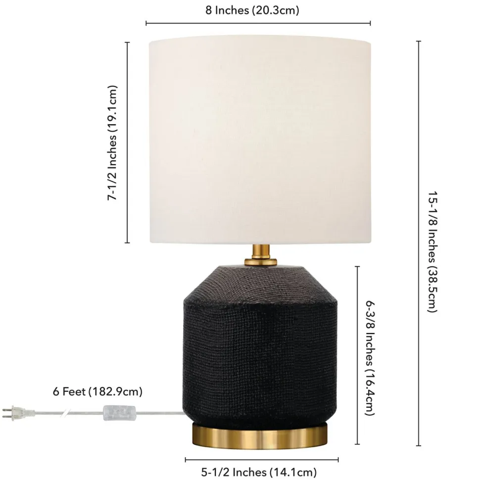 Esther 15" Tall Textured Ceramic Mini Lamp with Fabric Shade in Matte Black/Antique Brass/White