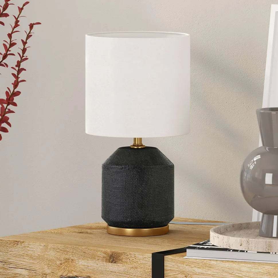 Esther 15" Tall Textured Ceramic Mini Lamp with Fabric Shade in Matte Black/Antique Brass/White