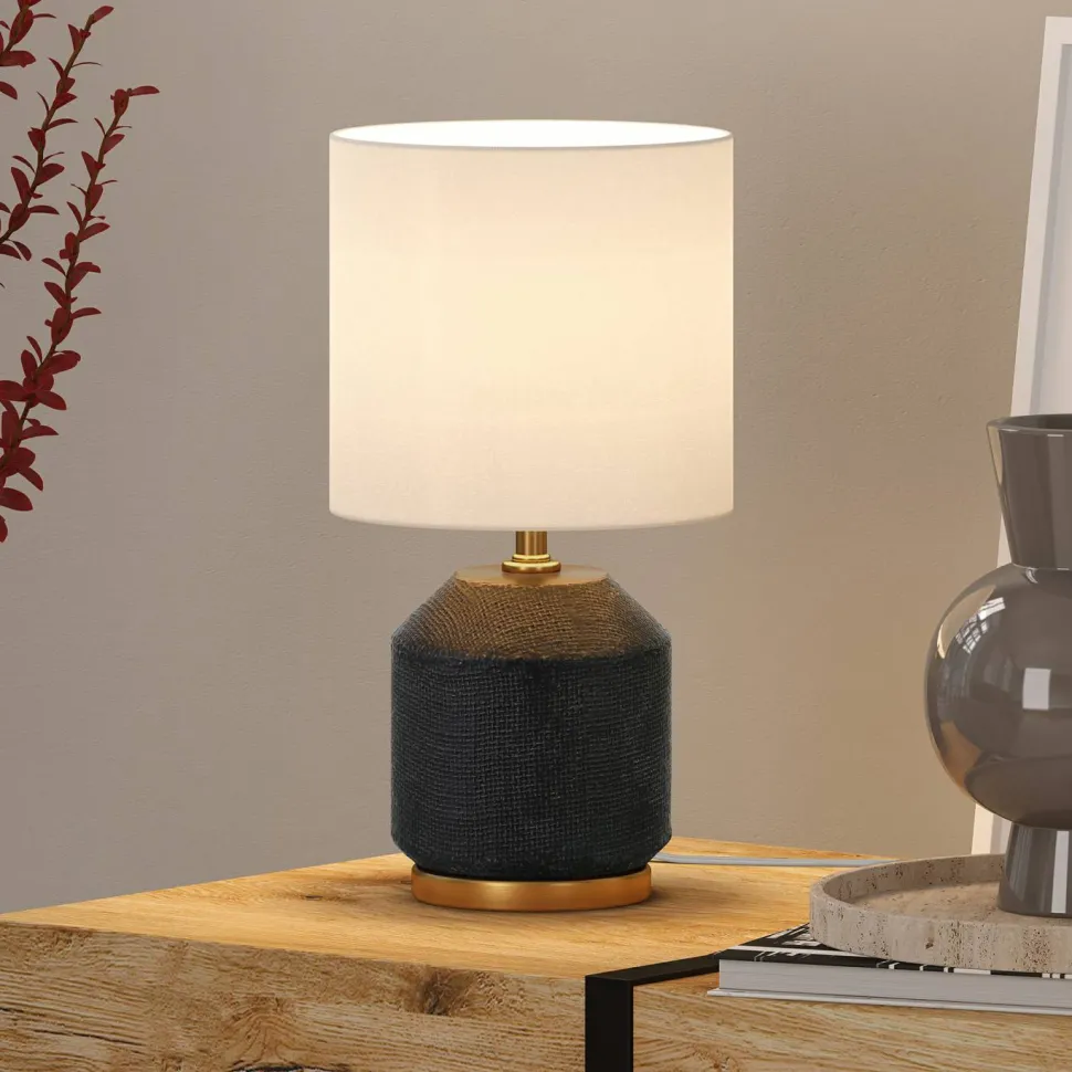 Esther 15" Tall Textured Ceramic Mini Lamp with Fabric Shade in Matte Black/Antique Brass/White
