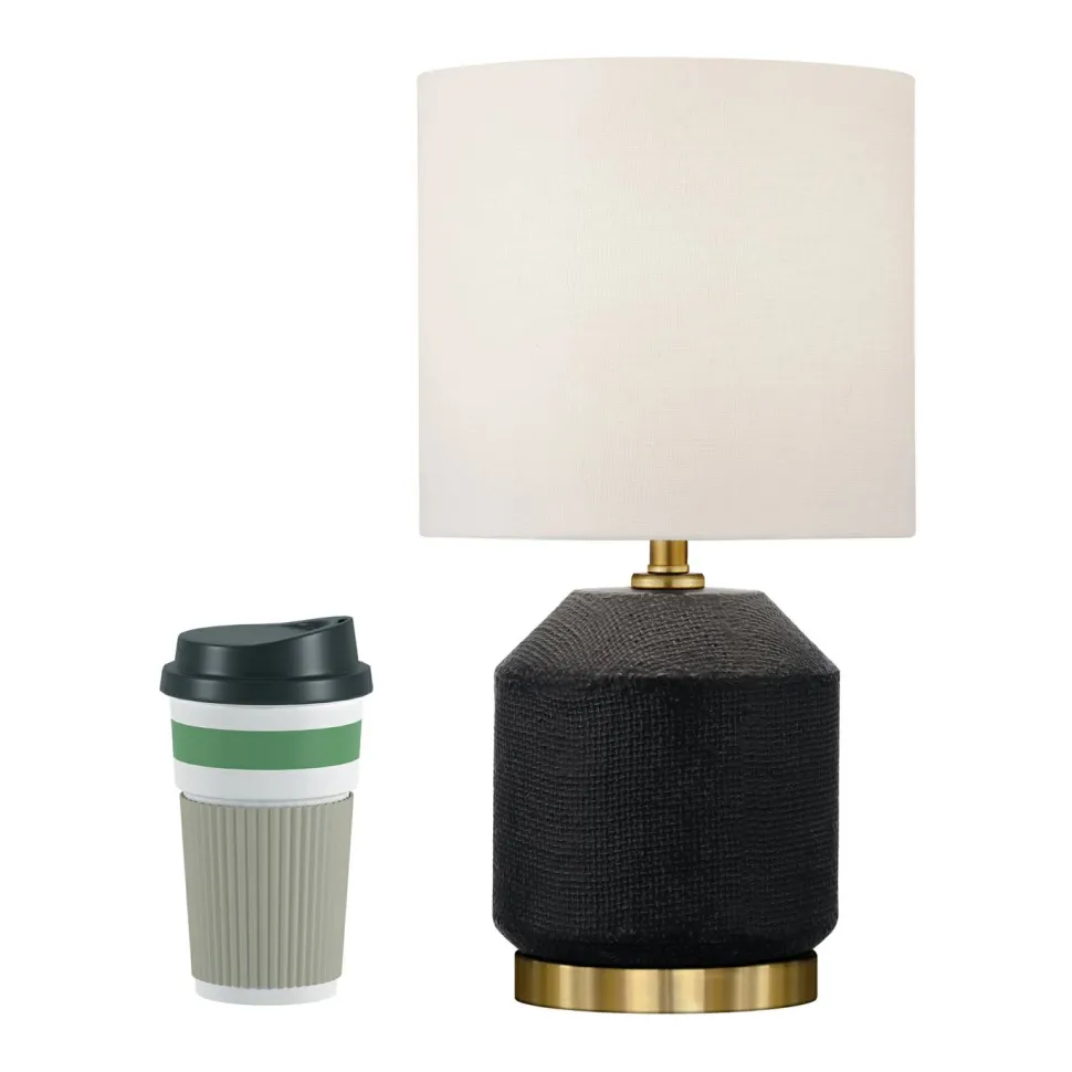 Esther 15" Tall Textured Ceramic Mini Lamp with Fabric Shade in Matte Black/Antique Brass/White