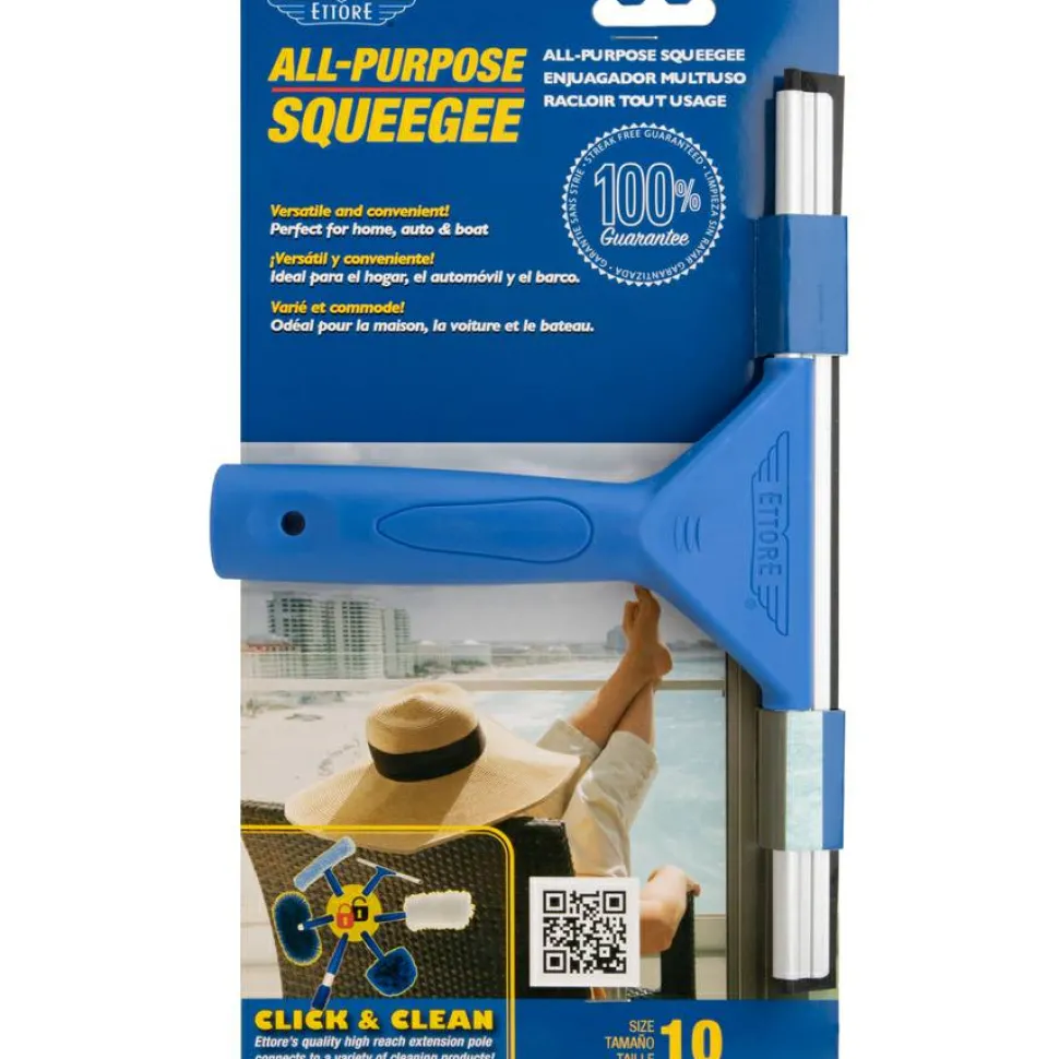 Ettore All-purpose Squeegee, Rubber Blade, Plastic Handle, 6.5"H x 10"W x 1.5"L, Lightweight, Streak-free, Blue, 1Each
