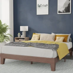 Evelyn Walnut Finish Wood Queen Platform Bed with Wooden Support Slats, No Box Spring Required