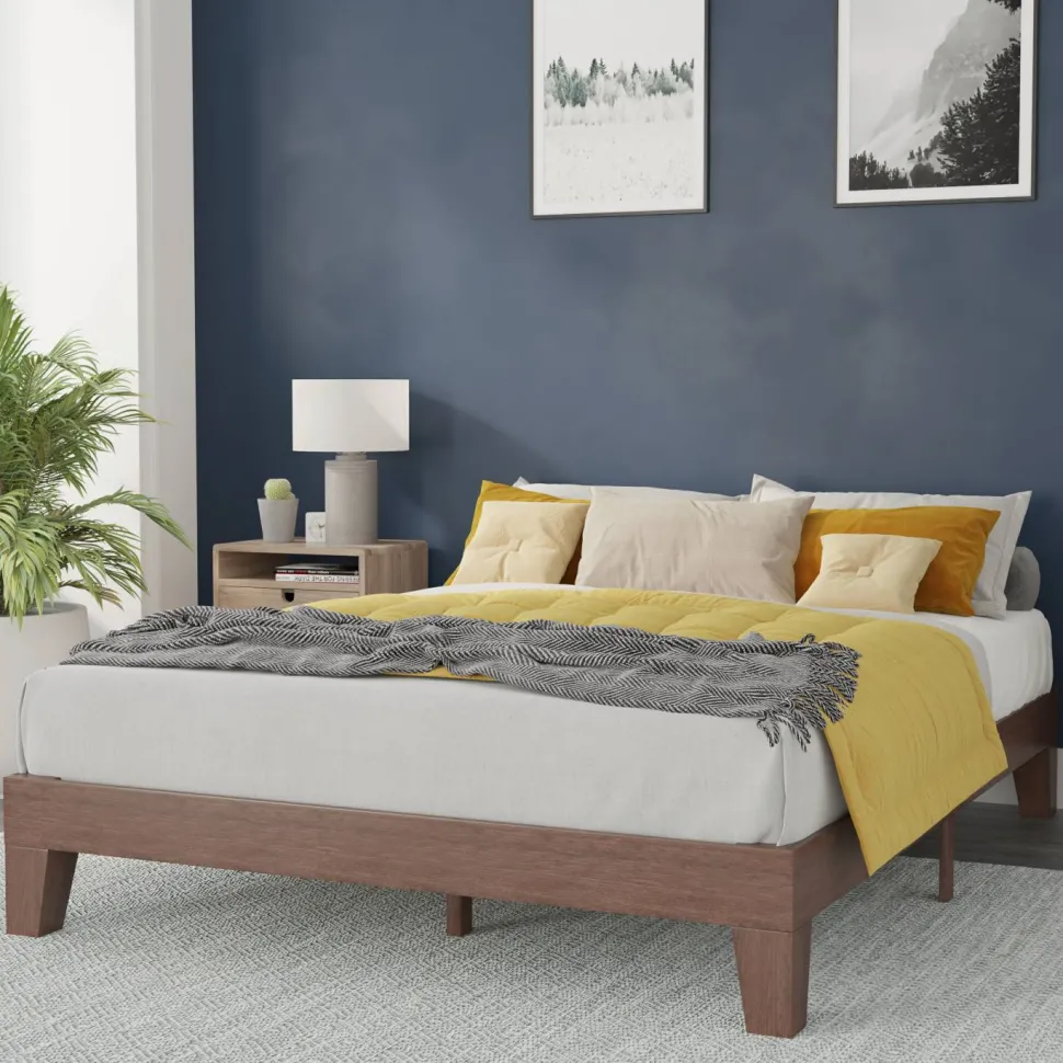 Evelyn Walnut Finish Wood Queen Platform Bed with Wooden Support Slats, No Box Spring Required