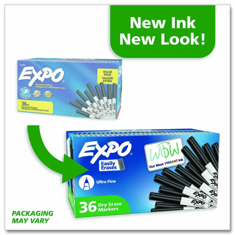 EXPO Low-Odor Dry Erase Marker Office Value Pack, Extra-Fine Bullet Tip, Black, 36/Pack