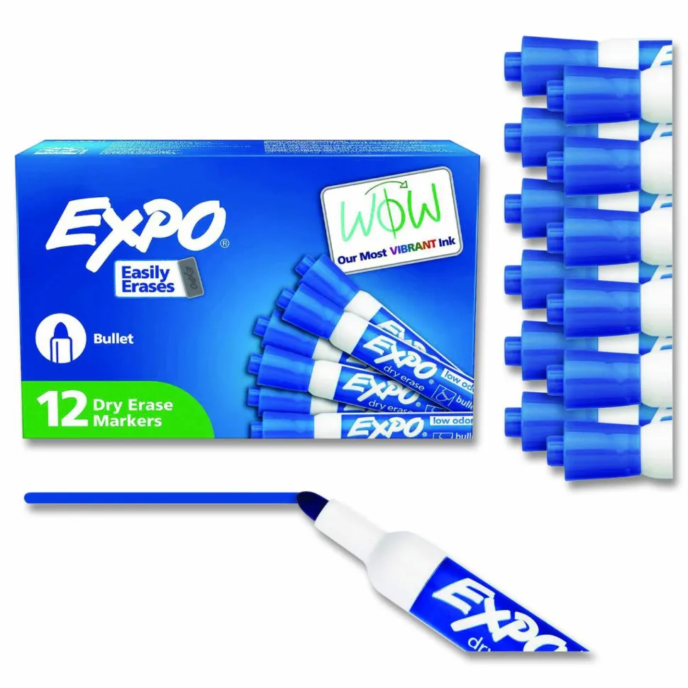 EXPO Low-Odor Dry-Erase Marker, Medium Bullet Tip, Blue, Dozen