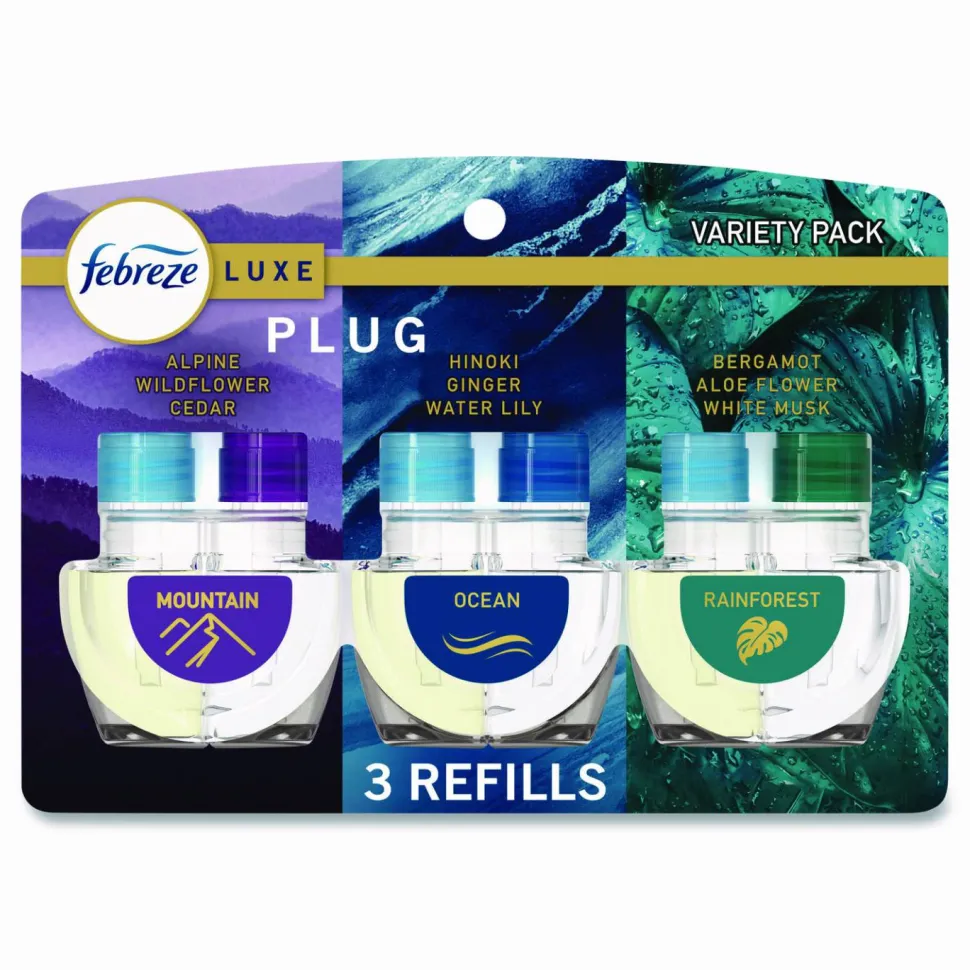 Febreze PLUG Air Freshener Refills, Mountain/Ocean/Rainforest, 2.63 oz, 3/Pack, 6 Packs/Carton