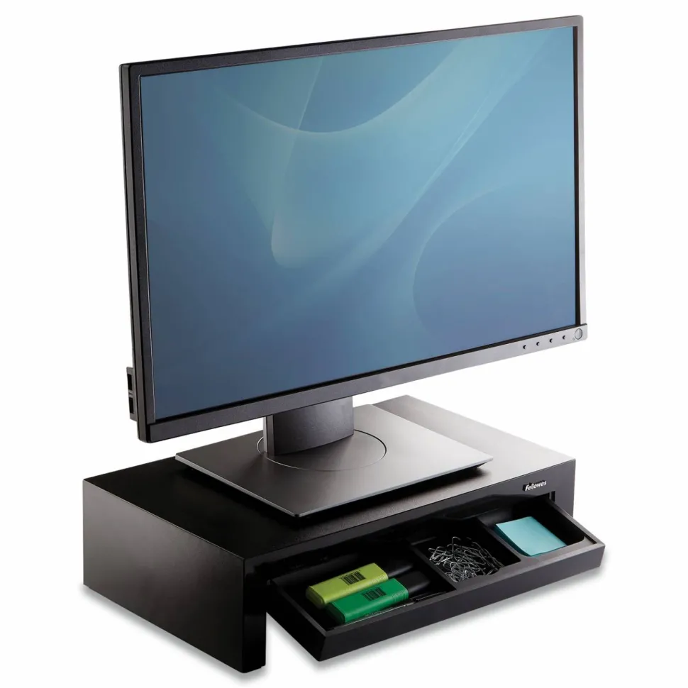 Fellowes Designer Suites Height-Adjustable Monitor Riser With Storage Tray, 4.38"H x 16"W x 9.38"D, Black