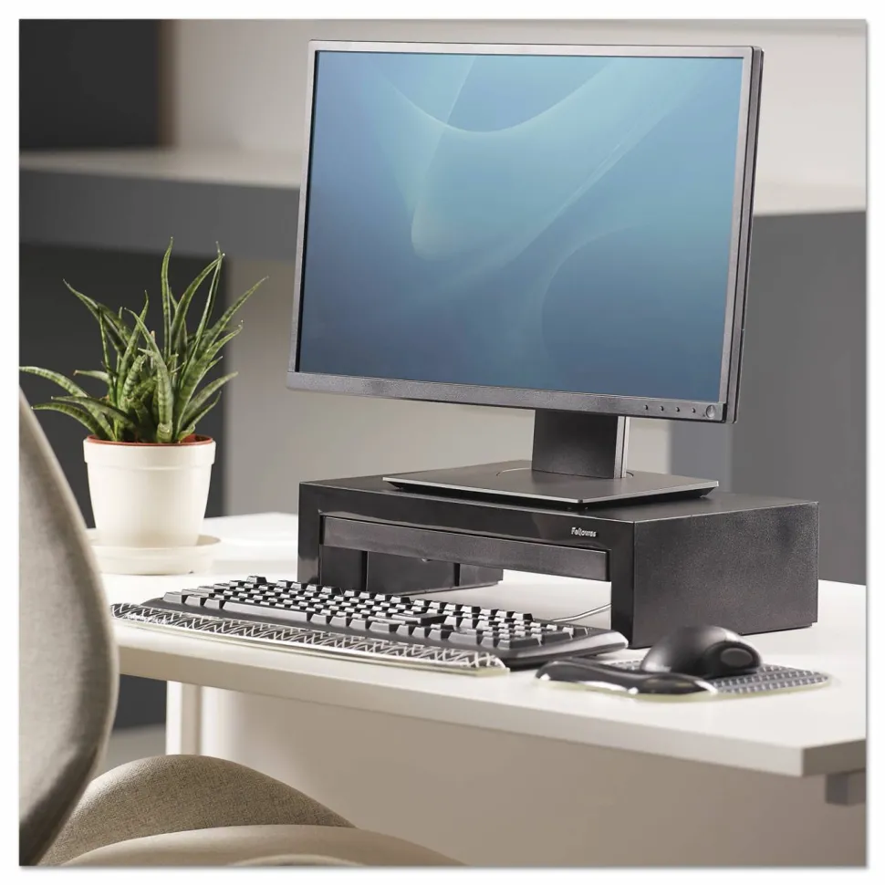 Fellowes Designer Suites Height-Adjustable Monitor Riser With Storage Tray, 4.38"H x 16"W x 9.38"D, Black