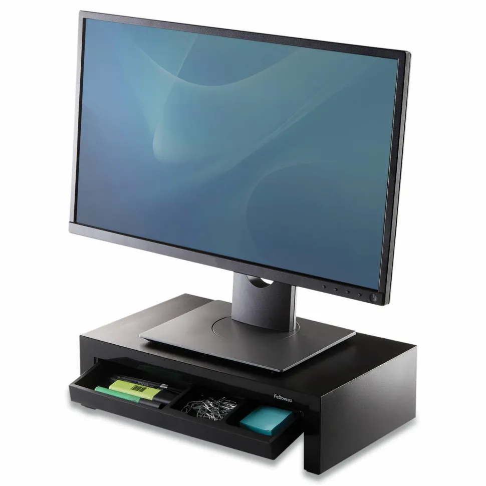Fellowes Designer Suites Height-Adjustable Monitor Riser With Storage Tray, 4.38"H x 16"W x 9.38"D, Black