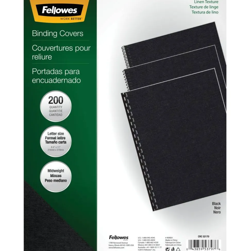 Fellowes ExpressionsLinen Presentation Covers, 8 1/2" x 11" x 0.1", Black, Pack Of 200