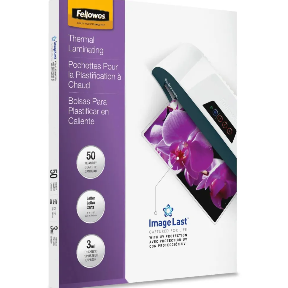 Fellowes ImageLast Thermal Laminating Pouches, UV Protection, 9" x 11 1/2", 3 Mil, Glossy, Pack Of 50