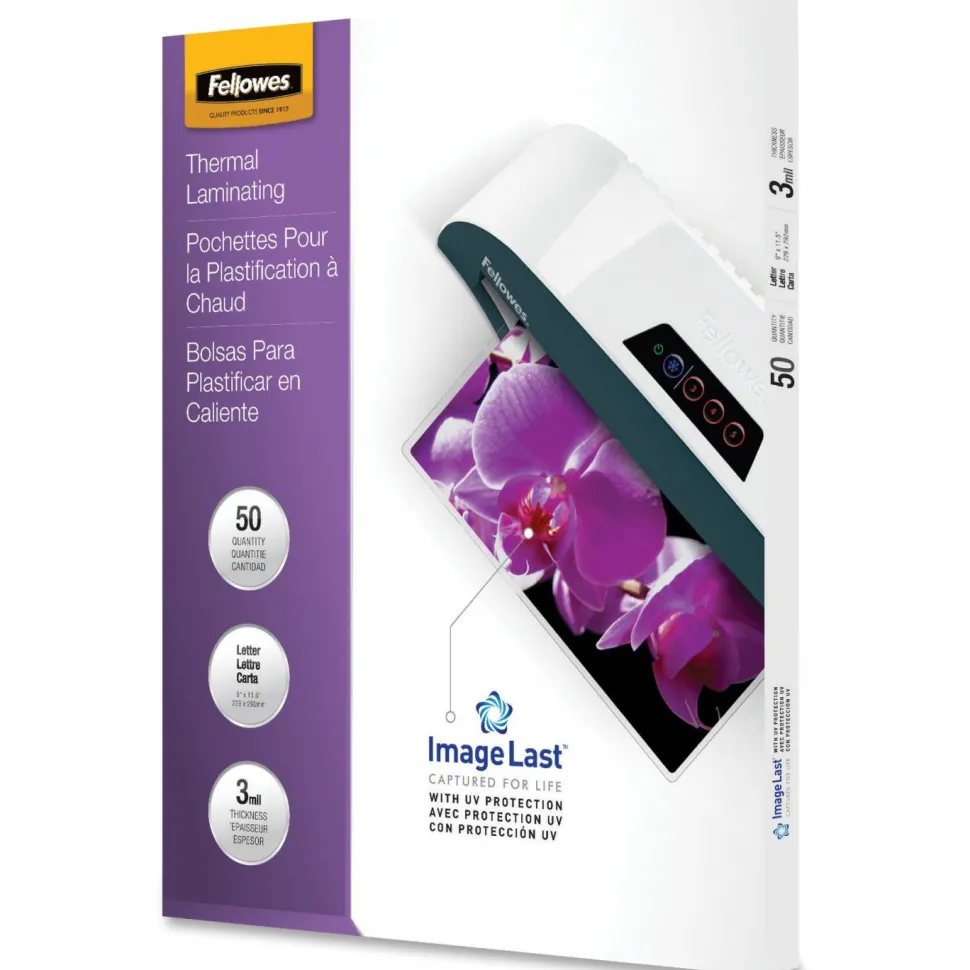 Fellowes ImageLast Thermal Laminating Pouches, UV Protection, 9" x 11 1/2", 3 Mil, Glossy, Pack Of 50