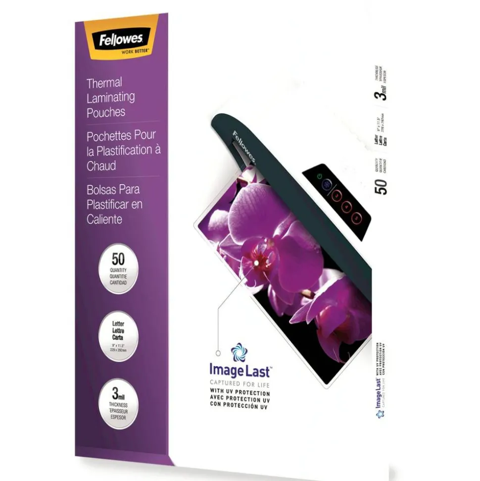 Fellowes ImageLast Thermal Laminating Pouches, UV Protection, 9" x 11 1/2", 3 Mil, Glossy, Pack Of 50