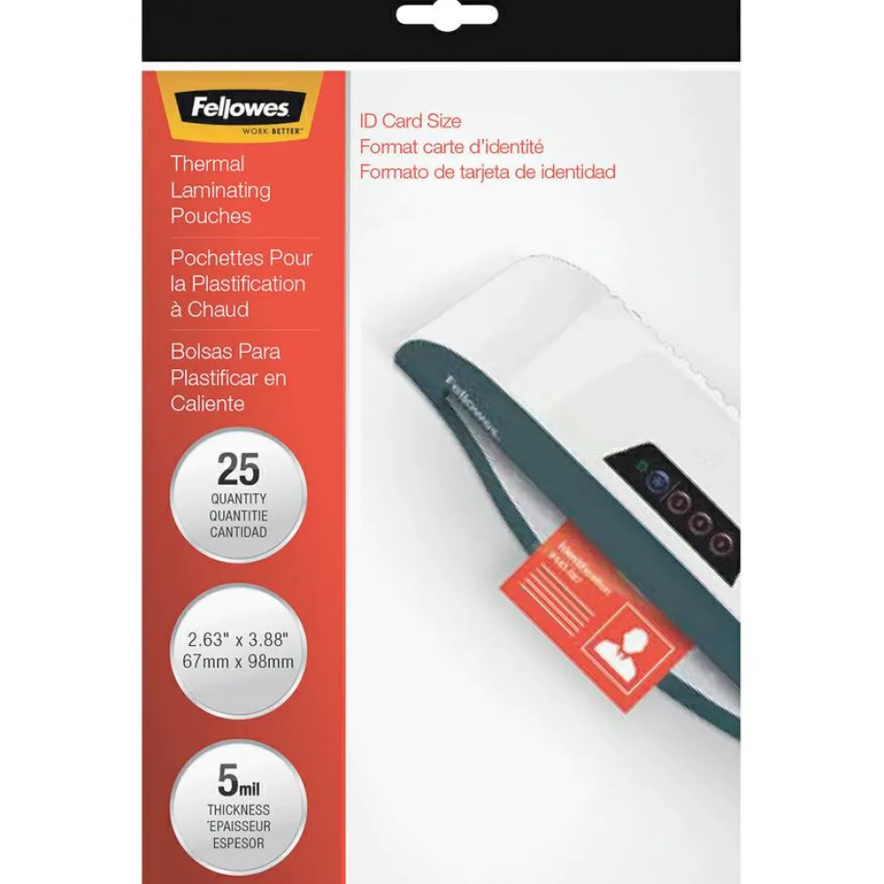 Fellowes Laminating Pouches, 5 mil., 3.88" x 2.63", Gloss Clear, 25/Pack