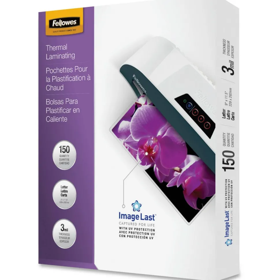 Fellowes Laminating Pouches, Glossy, 8.5" x 11", 3 mil Thick, Clear, Pack Of 150