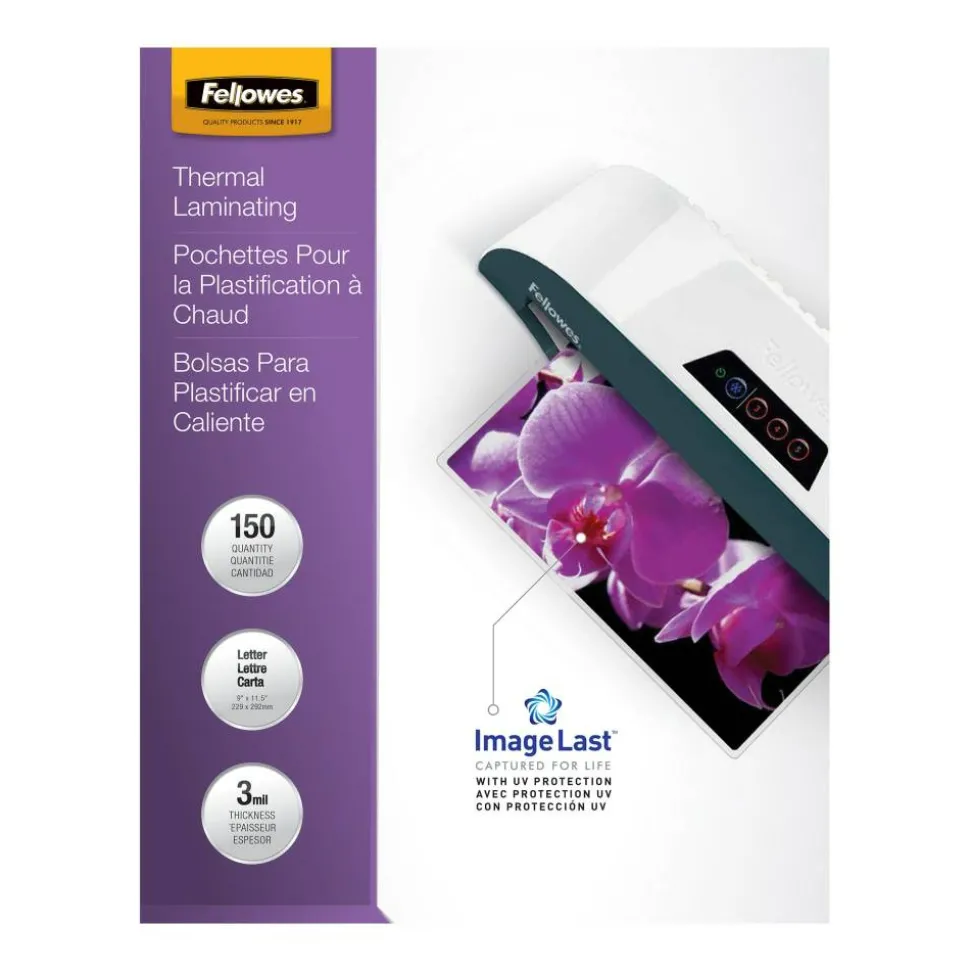 Fellowes Laminating Pouches, Glossy, 8.5" x 11", 3 mil Thick, Clear, Pack Of 150