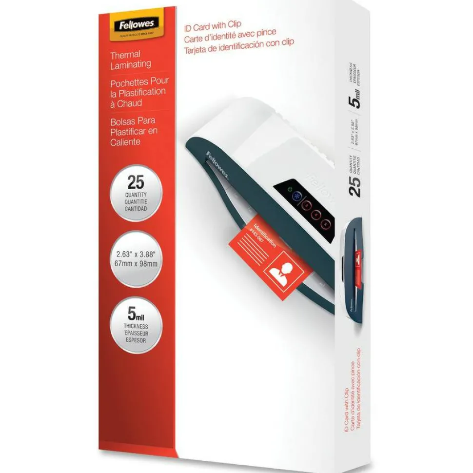 Fellowes Laminating Pouches, 5 mil, 3.88" x 2.63", Gloss Clear, 25/Pack