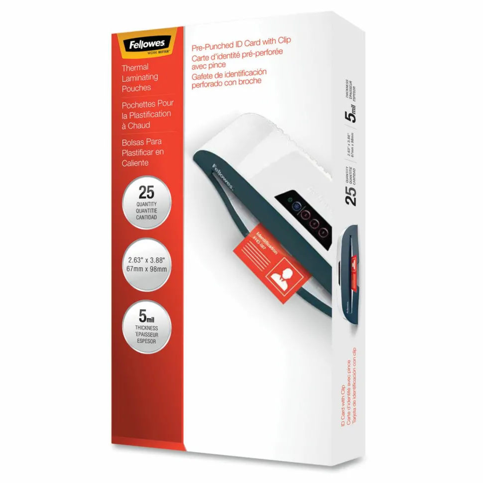 Fellowes Laminating Pouches, 5 mil, 3.88" x 2.63", Gloss Clear, 25/Pack