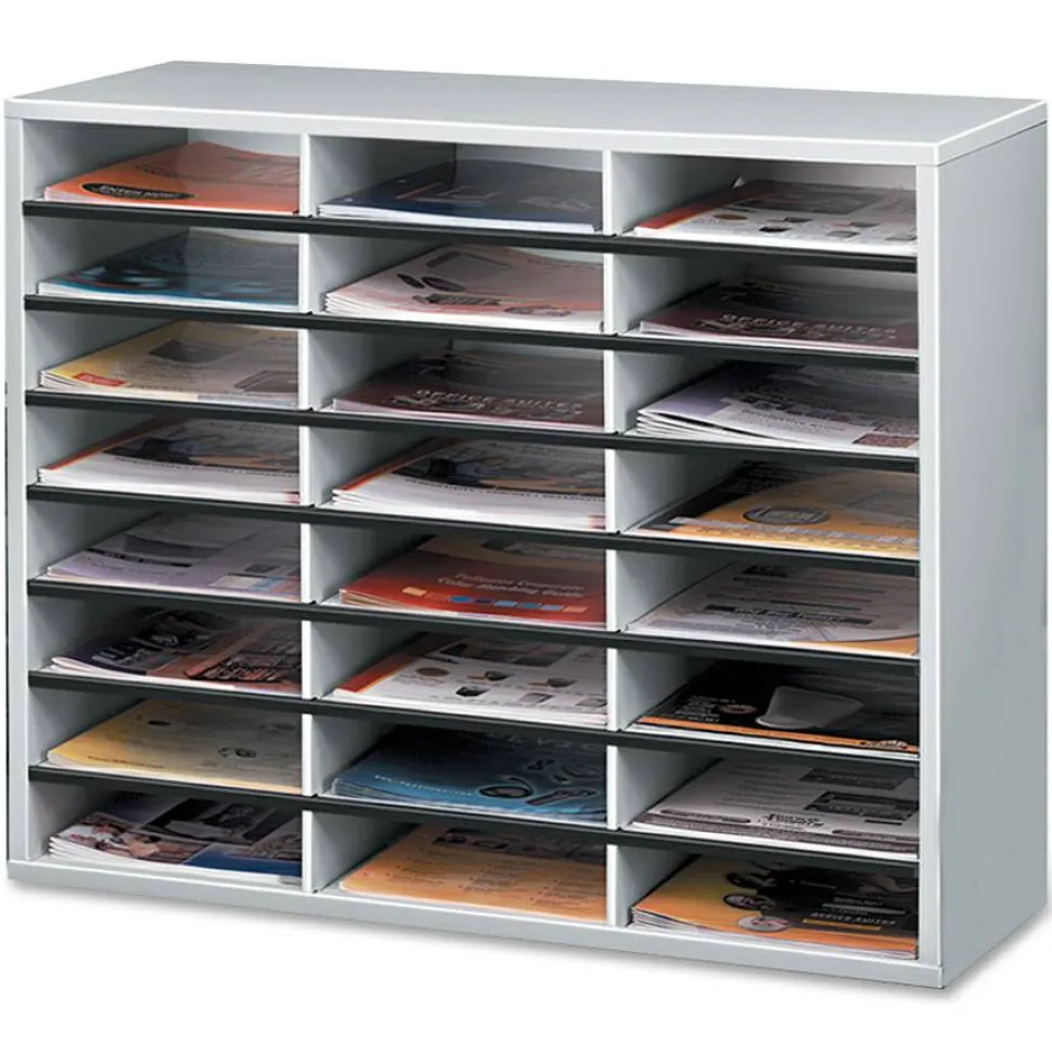 Fellowes Literature Organizer, 24 Compartments, 23 7/16"H x 29 7/16"W x 11 7/8"D, Dove Gray