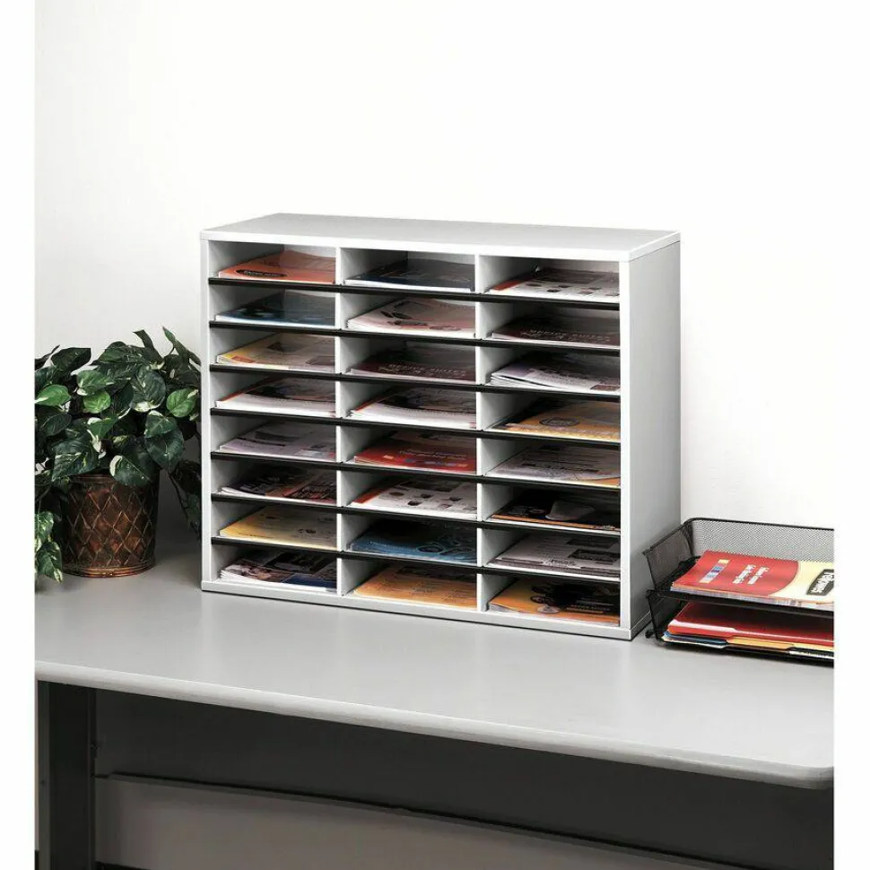 Fellowes Literature Organizer, 24 Compartments, 23 7/16"H x 29 7/16"W x 11 7/8"D, Dove Gray