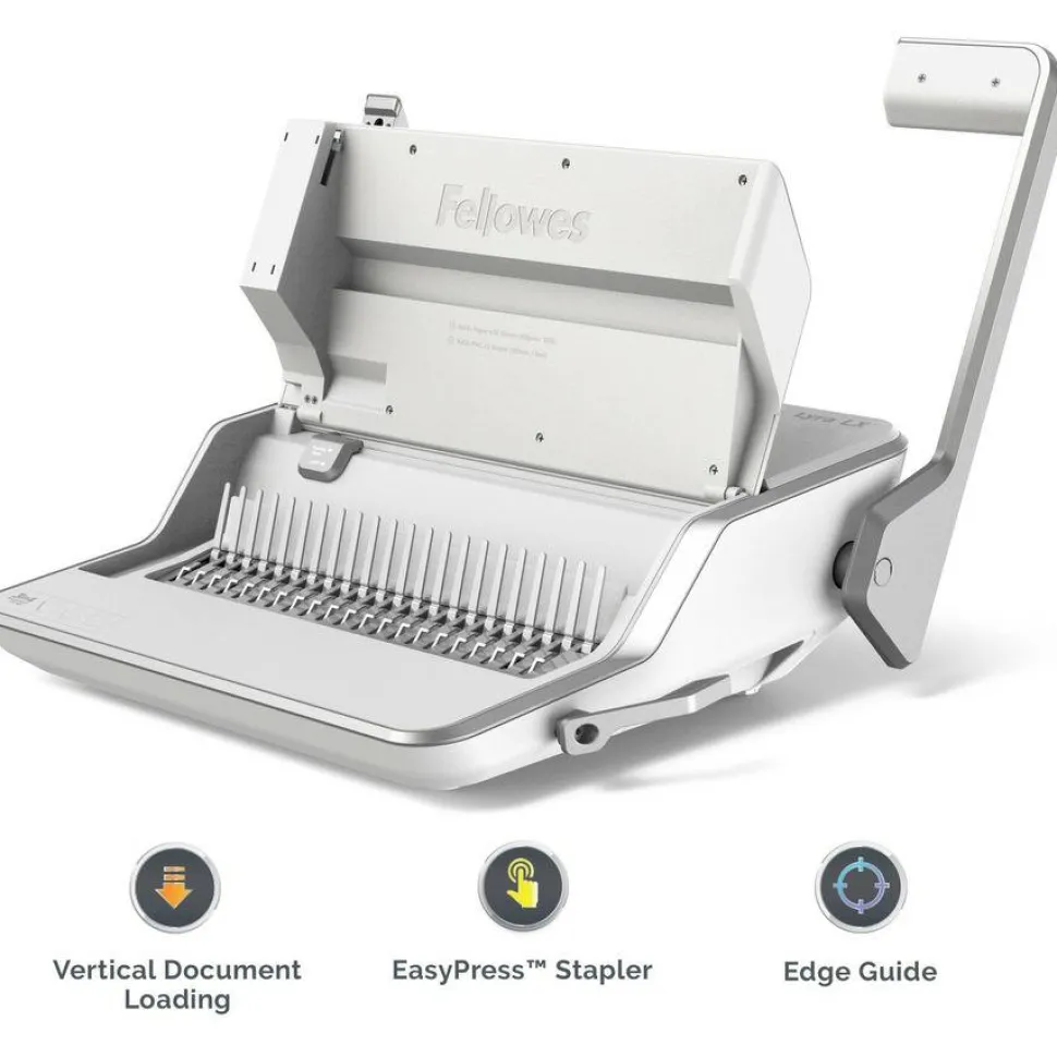 Fellowes Lyra 3-in-1 Manual Binding Center, 300-Sheet Capacity, 6.03"H x 16.63"W x 15.56"D, White/Gray, 5603001