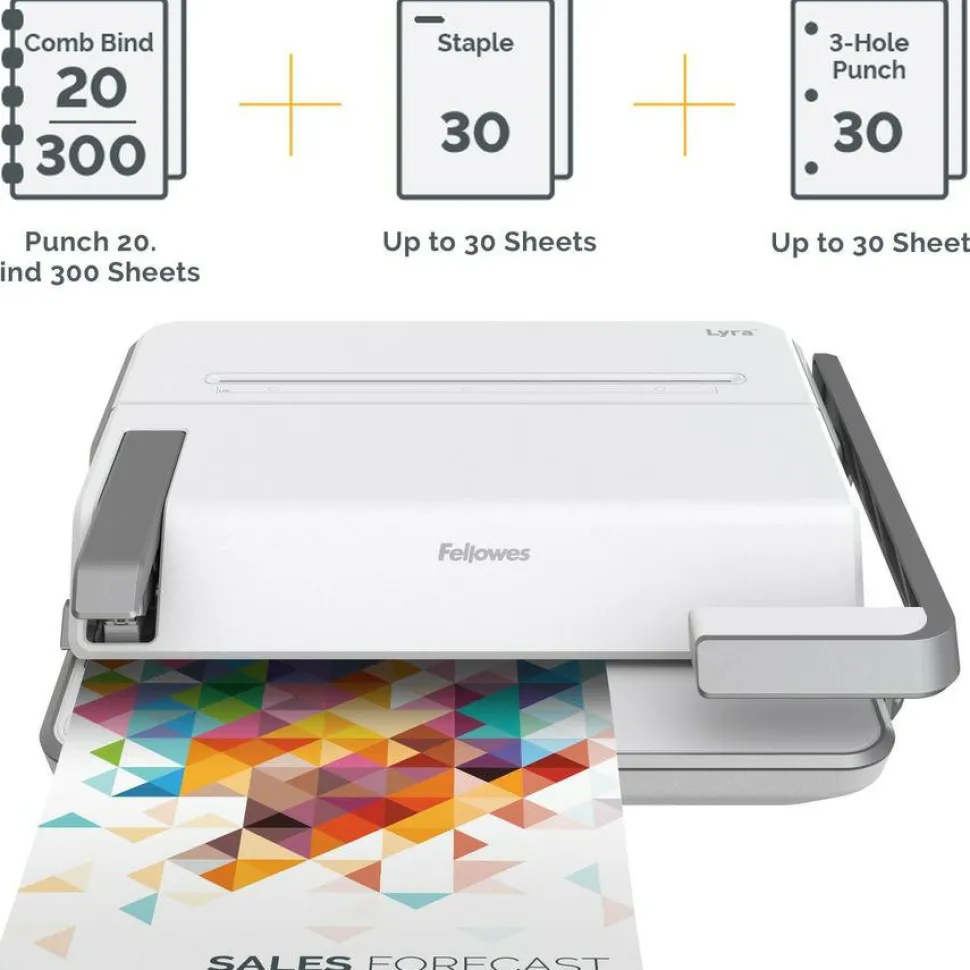 Fellowes Lyra 3-in-1 Manual Binding Center, 300-Sheet Capacity, 6.03"H x 16.63"W x 15.56"D, White/Gray, 5603001