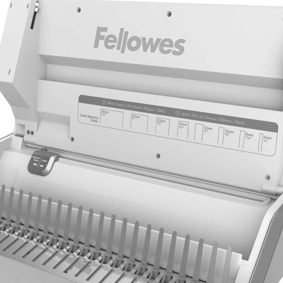 Fellowes Lyra 3-in-1 Manual Binding Center, 300-Sheet Capacity, 6.03"H x 16.63"W x 15.56"D, White/Gray, 5603001