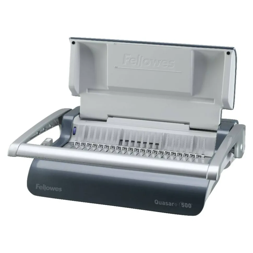 Fellowes Quasar+ 500 Manual Comb Binding Machine, 500 Sheet Capacity, 5.13" x 18.13" x 15.38", Blue