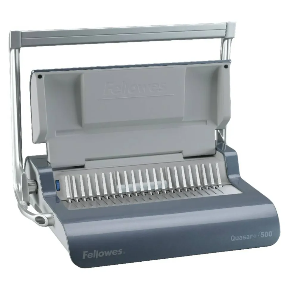 Fellowes Quasar+ 500 Manual Comb Binding Machine, 500 Sheet Capacity, 5.13" x 18.13" x 15.38", Blue