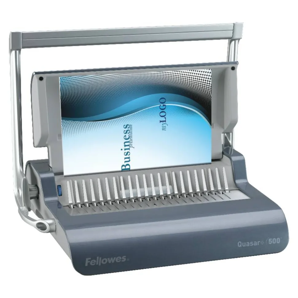 Fellowes Quasar+ 500 Manual Comb Binding Machine, 500 Sheet Capacity, 5.13" x 18.13" x 15.38", Blue